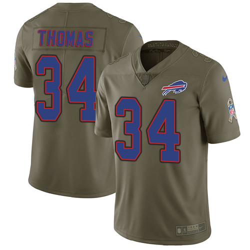 Nike Bills #34 Thurman Thomas Olive Men's Stitched NFL Limited Salute To Service Jersey
